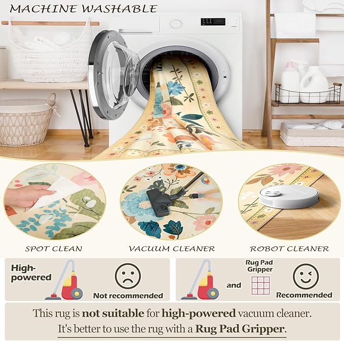 Floral 2x10 Area Rug Machine Washable Soft Print Boho Carpet Non Slip Doormat Low Pile Flower Area Rugs for Living Room Bedroom Nursery Kitchen Dining Room Indoor-Ivory/Yellow