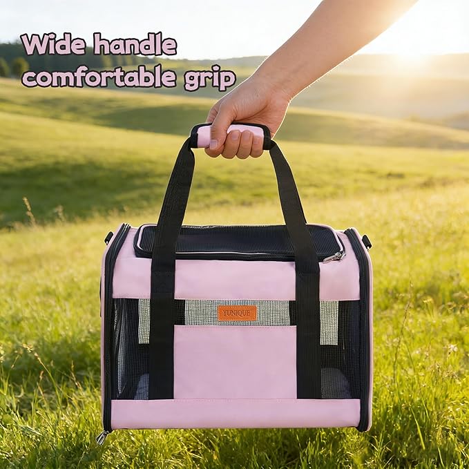 YUNIQUE Soft-Sided Cat & Dog Carrier for Pets Up to 15 Lbs, Airline Approved Collapsible Travel Puppy Carrier with Lightweight Fabric Design (Pink)