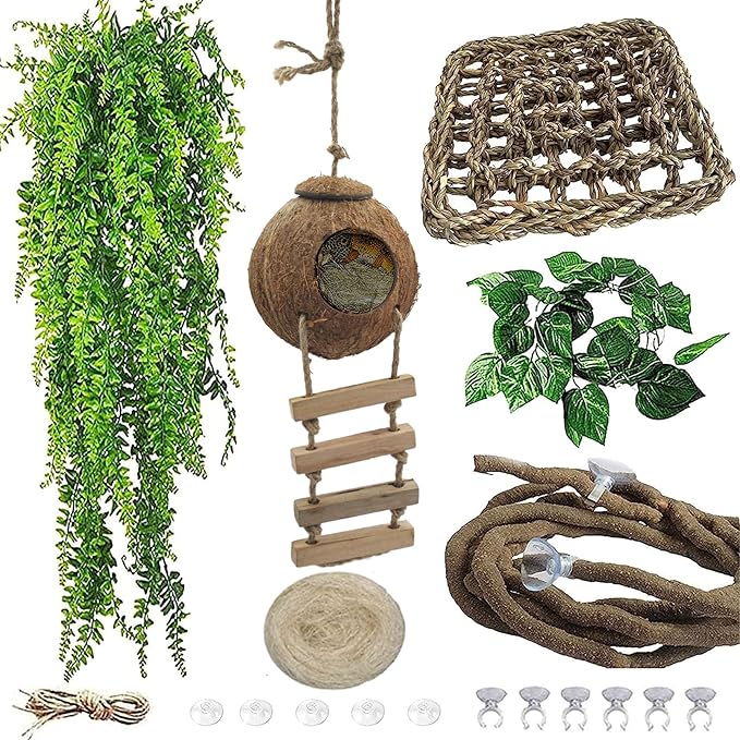 6PCS Crested Gecko Coconut Hut, Lizard Coco Den with Ladder and Reptile Hammock Bearded Dragon Tank Accessories Climbing Hanging Plants Jungle Vine Flexible Reptile Leaves Decor