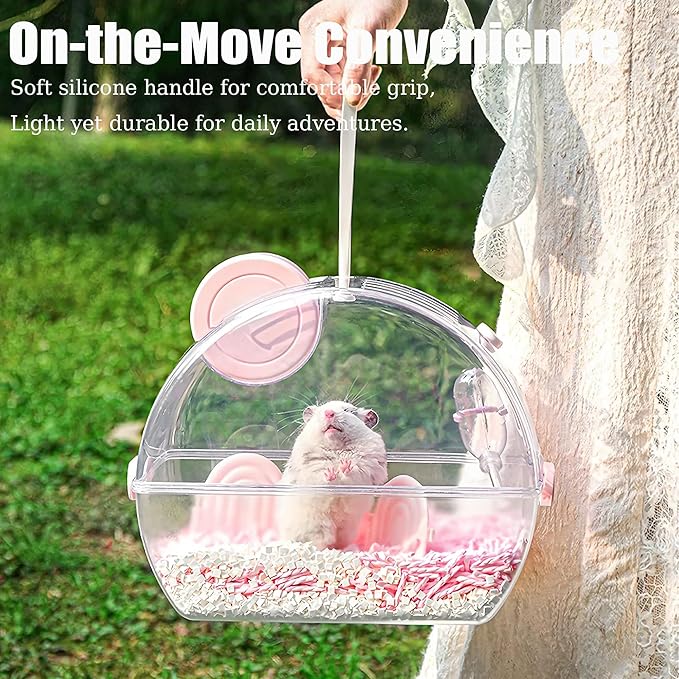 Small Portable Hamster Cages,13×8.2×10.8 Inch Hamster Carrier with Water Bottle,Dwarf Hamster Travel Cage with Storage Box,360º Transparent Acrylic Pet Travel Carrier Cage,Outdoor Animals Carry(Pink)