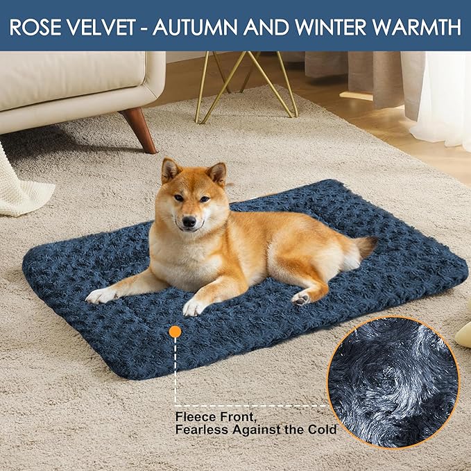 Washable Dog Bed Plush Orthopedic Outdoor Crate Mat with Non-Slip Bottom,Luxe Soft Kennel Pad for Pets, Cozy Cage Cushion & Pet Sleeping Mattress Large Sized,Medium,Small Dogs,24 x 18 inch,Blue