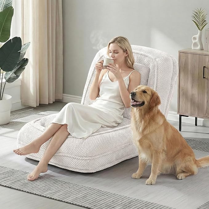 Human Dog Bed for Adults & Pets, 5-Position Adjustable Floor Chair, Convertible Lazy Sofa Bed with Metal Frame & 2 Pillows, Plush Gaming Lounge for Living Room Bedroom Office (White)