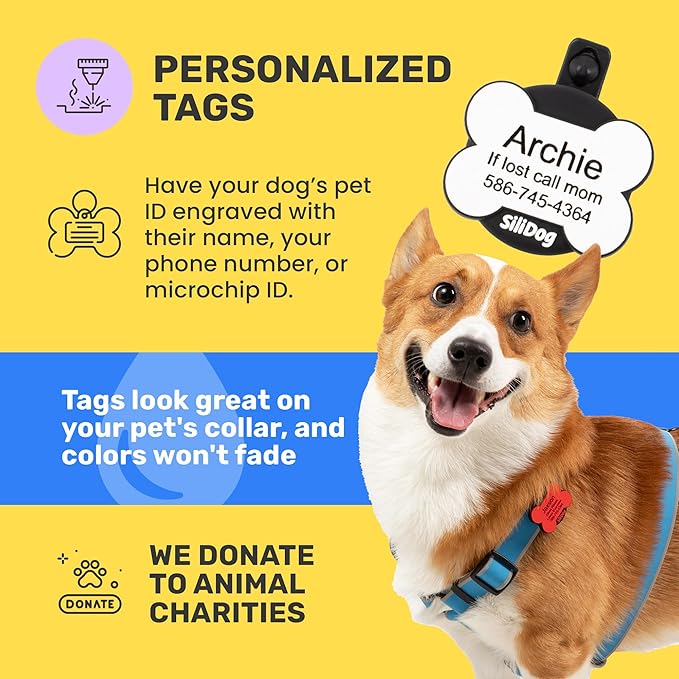 SiliDog AirTag Holder Silent Dog ID Tag – Personalized Engraved Silicone Pet Tag – Durable, Glow-in-The-Dark – Blue Bone