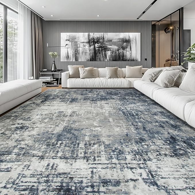 10x14 Area Rugs Large Living Room Rug Washable: Modern Abstract Rug Indoor Modern Carpet Non Slip for Dining Room Bedroom Nursery Home Office Blue/Grey