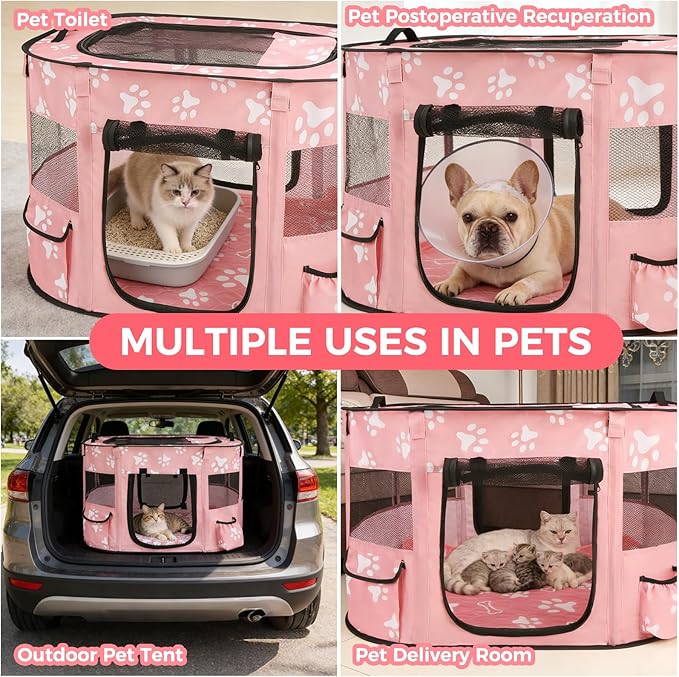 Homimp Portable Pet Playpen for Indoor Cats & Puppies, Foldable Dog Playpen Outdoor Tent Crate Cage with Pee Pad & Carry Bag, Pet Crate with Mesh Sides for Small Animals Travel, Pink M
