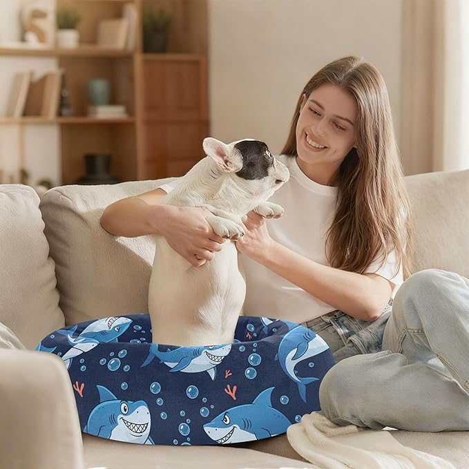 Burbuja Sharks Donut Pet Bed, Calming Soft Dog Bed with Anti-Slip Bottom, Round Cuddler Support for Dogs & Cats, Washable 20 in