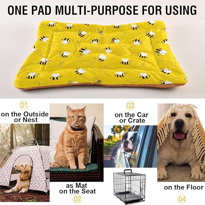Emelivor Bees Yellow Dog Cat Bed Washable Crate Pet Bed Anti-Slip Comfortable Durable Dog Crate Bed for Large Medium Small Dogs Cat, 24x18in