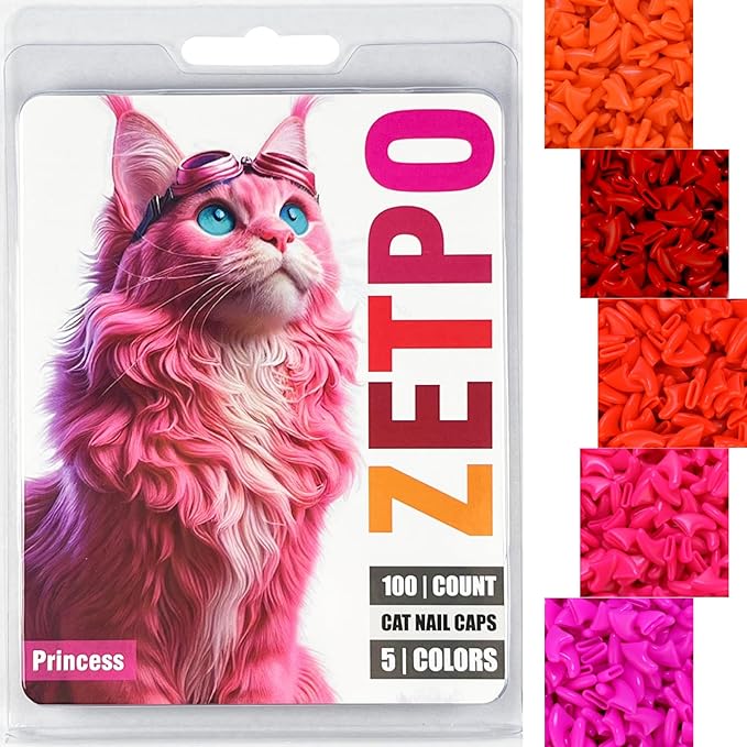 zetpo 100 pcs Cat Nail Caps | Cat Claw Covers | with Adhesives and Applicators (M, Orange, Red, Neon Red, Bright Pink, Rose)