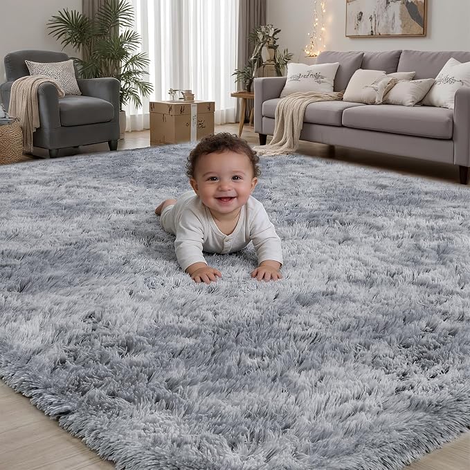 Area Rug for Living Room Bedroom: 4x6 Light Grey Soft Fluffy Shag Upgrade