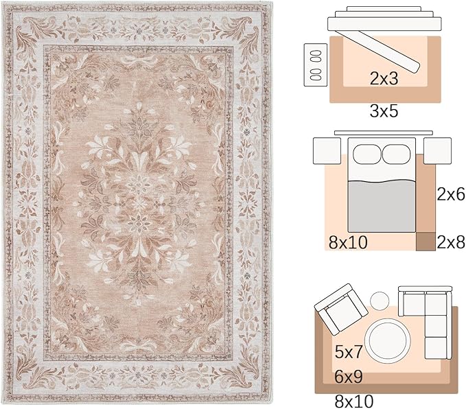 jinchan Vintage Floral 4x6 Area Rugs - Machine Washable Distressed Design Soft Ultra-Thin Low-Pile Non-Slip Carpet for Entryway Kitchen Bedroom Nursery Living Room Dining Room (4x6ft,Coral Pink)