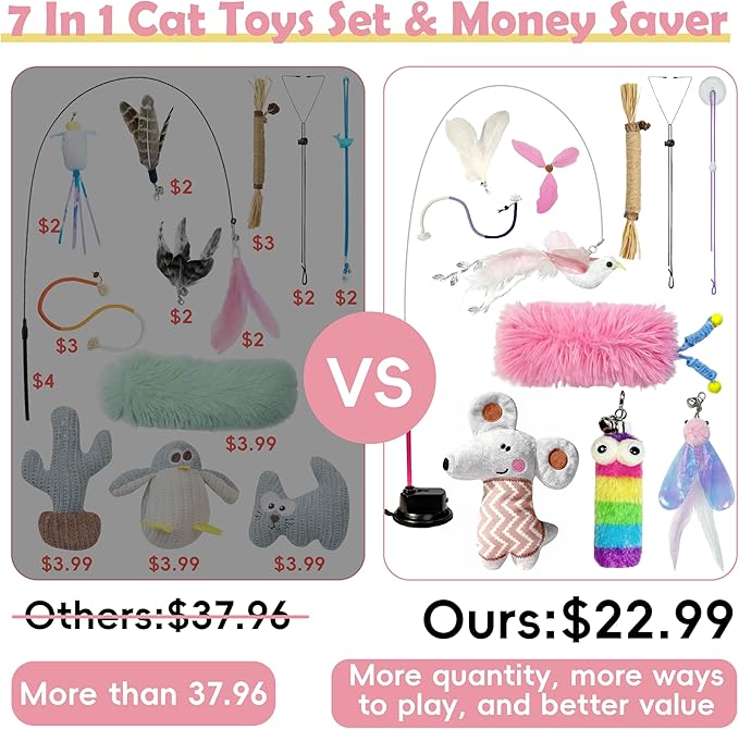 7-in-1 Kitten Toys for Indoor Cats with Washable Adhesive Suction Cup, Hanging Interactive Cat Toys, Silvervine Stick and Sisal Chew Rope Catnip Teething Toy for Bored Kitten (Pink)