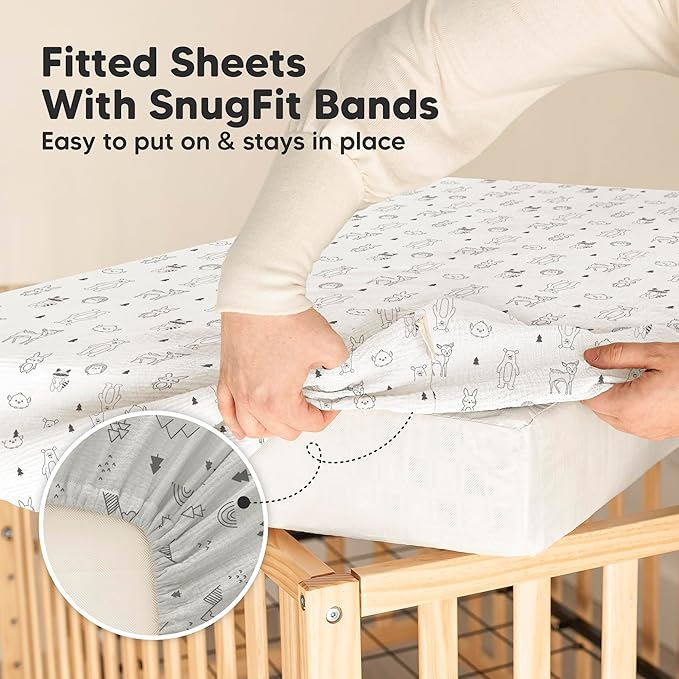 KeaBabies 2-Pack Muslin Crib Sheets for Boys, Girls - 100% Organic Cotton Fitted Baby Crib Mattress Sheet, Soft Breathable Standard Toddler Bed Cover Bedding Set, Neutral, Durable 52x28 (Woodland)