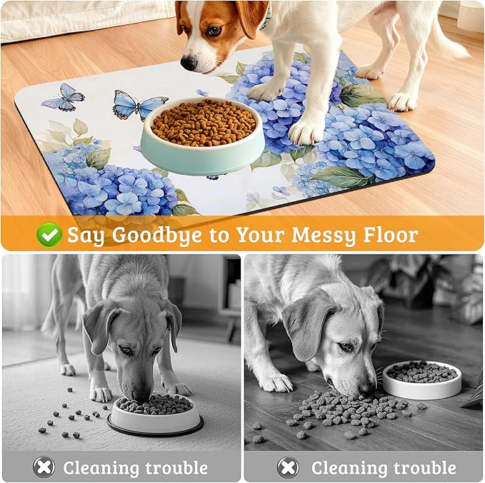 Pet Feeding Mat,Blue Hydrangea Absorbent Dog Cat Food Mat Butterfly Floral Dog Mat with Rubber Backing,Non-Slip Water Bowl Placemat,Pet Supplies 16" x 24"