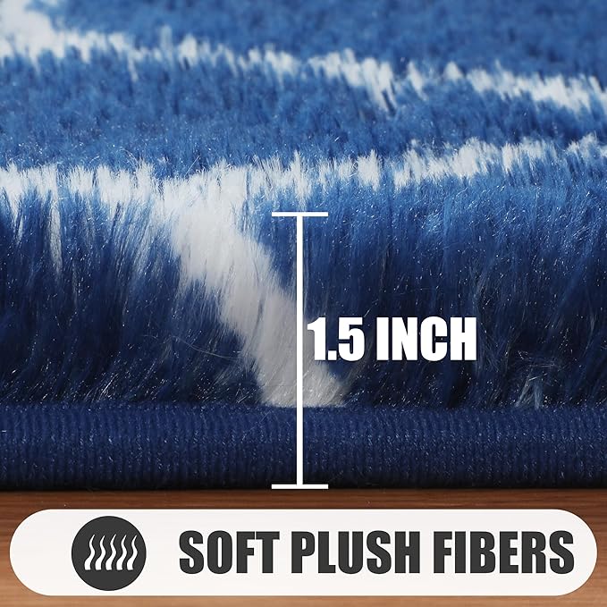 ONASAR Large 8x10 Area Rugs for Living Room, Fluffy Geometric Navy and White Rug for Boys Bedroom Home Decor Aesthetic, Soft Shaggy Plush Floor Carpet for Girls Teen Nursery Playroom Office Dorm