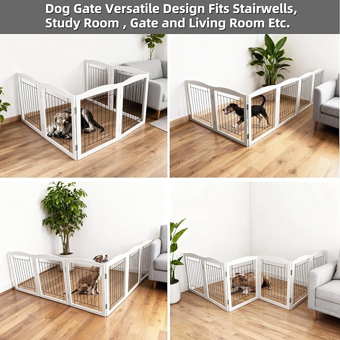 ZJSF Freestanding Foldable Dog Gate Wooden Extra Wide White Puppy Gate 6 Panels Tall Pet Gates for The House Dog Fence