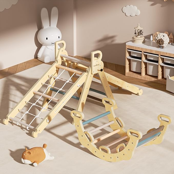 BlueWood 2025 8-in-1 Pikler Triangle Climbing Set Toddler Toys Indoor Baby Jungle Gym Climber Playground for Kids - Mauve Pink