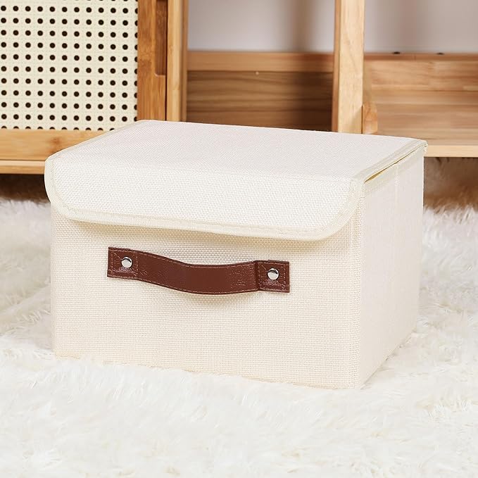 ANMINY 4PCS Storage Bins with Lid PU Leather Handles Storage Boxes PP Plastic Board Decorative Foldable Lidded Cotton Linen Fabric Home Cubes Baskets Closet Organizer Containers - Beige, Small Size