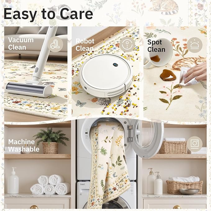 Soalmost Cat 6x9 Area Rugs for Living Room, Machine Washable Animal Floral