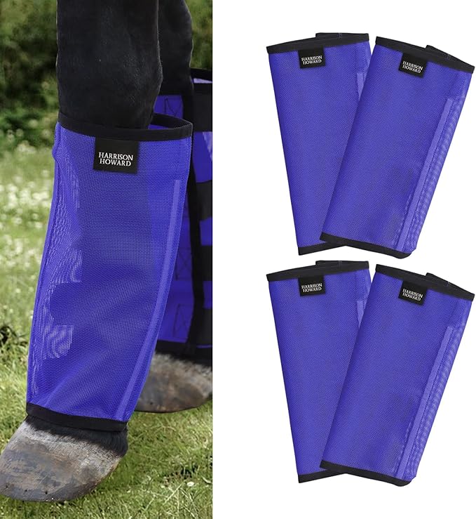 Harrison Howard Loose Fitting Fly Boots UV-Protective Extra Tough Mesh Ventilated Four Fasteners Stay-on Design Protect Horse Legs & Stomp-Reducing Set of 4 Deep Navy Medium