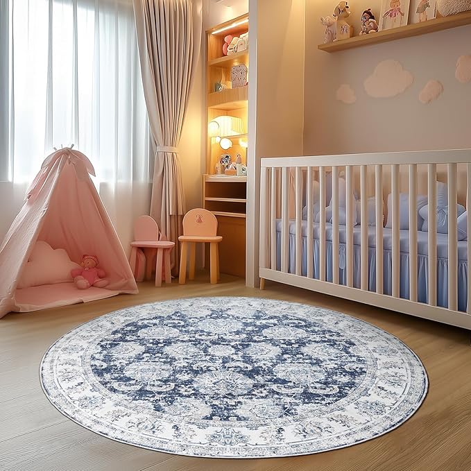 jinchan Round Rug 5ft Area Rugs Vintage Floral Distressed Design - Machine Washable Non-Slip Low-Pile Ultra-Thin Circle Rug for Entryway Bedside Living Room Dining Room Bedroom (5' Round,Dark Blue)