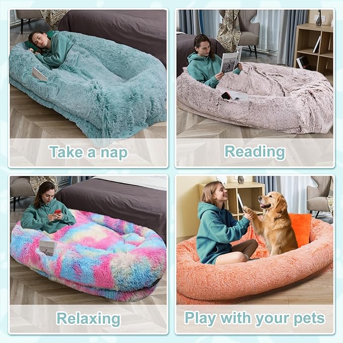 YAEM Human Dog Bed for Adult and Pets - 71"x45"x12" Dogs Beds for Humans with Washable Faux Fur Cover, Plump Pillow, Blanket, Orthopedic Design, Strap-OrangeWhite
