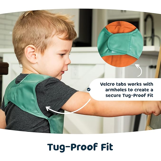 Tiny Twinkle Mess Proof Apron Bibs - 2 Pack Waterproof & Lightweight Baby Bibs for Led Weaning | 100% Recycled Polyester, Easy Clean & Machine Washable (Slate Olive,Small 6-24 Months)