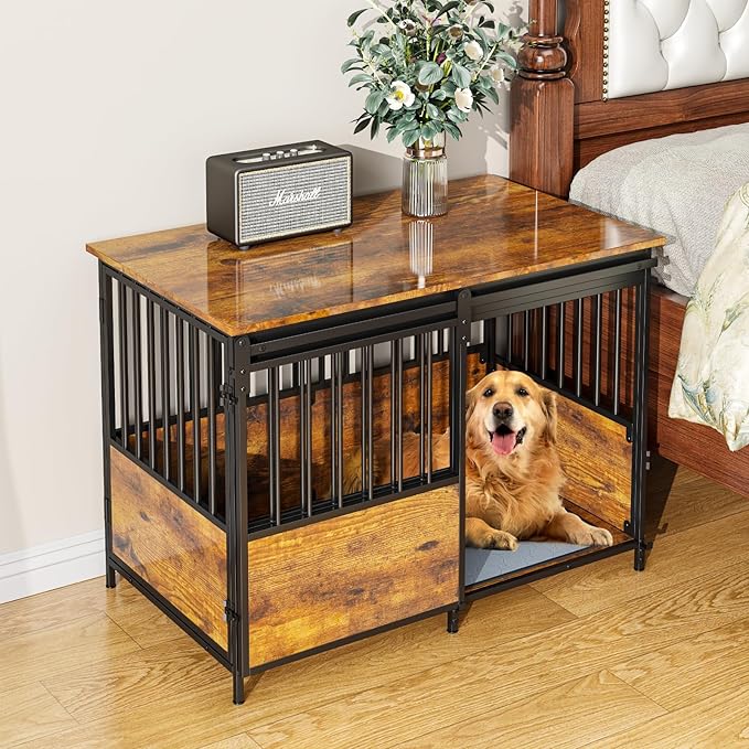 40 Inch Dog Crate Furniture with Cushion for Large Medium Dogs, Heavy Duty Dog Kennel with Double Doors, Decorative Indoor Pet Cage Side End Table with Sliding Door, Chew-Resistant, Brown