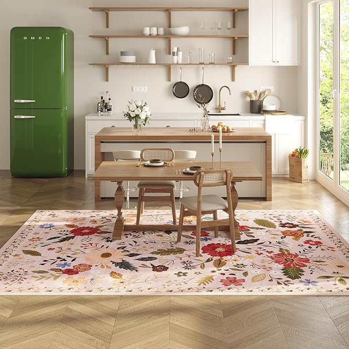 5x7 Washable Rug for Living Room, Pink Floral Area Rug, Non Slip Low Pile Soft Flower Carpet, Large Rugs for Bedroom, Dining Room, Office, Kids Playroom, Nursery, Pink/Beige