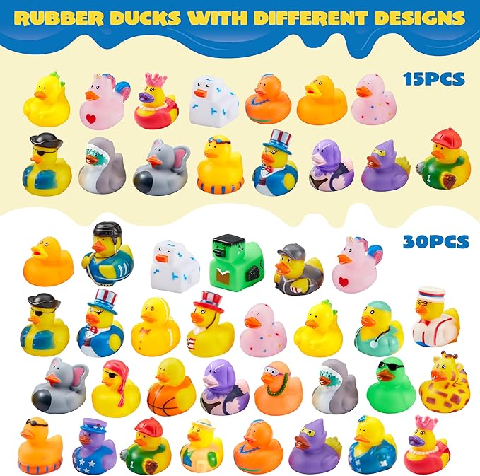 JOYIN 15 Pcs Rubber Ducks, Random Assortment Ducks Bulk with Mesh Carry Bag, Mini Rubber Duckies for Baby Bath Toys, Kids Toddler Summer Pool Toys Birthday Gifts Party Favors