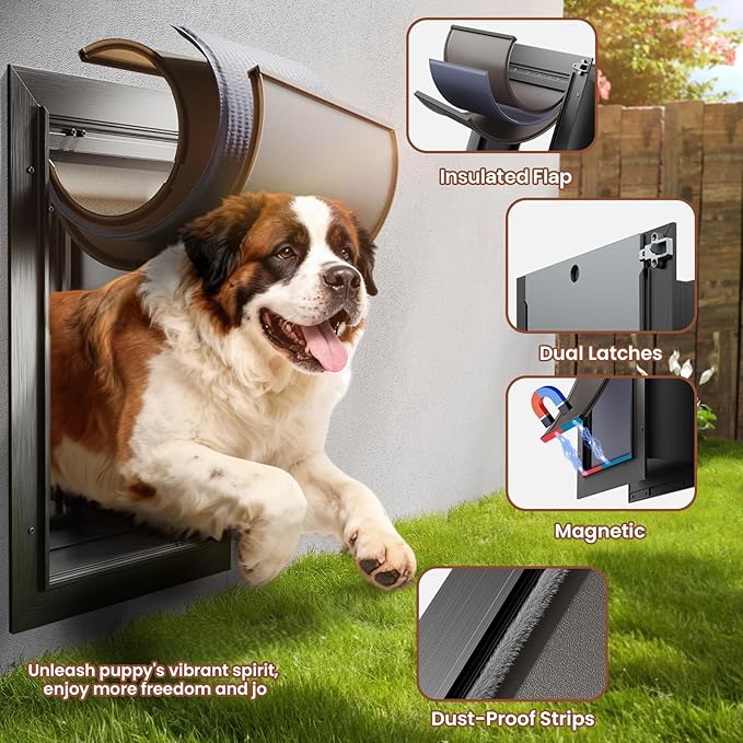 3-Flap XL Dog Door, All Aluminum Alloy Extra Large Dog Door door for Wall, Heavy Duty Pet Door Easy to Install, Energy Efficient, Telescoping Tunnel for Interior & Exterior Wall, Pet Up to 220Lb-Black