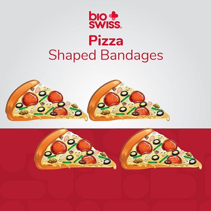 BioSwiss Bandages, Pizza Shaped Self Adhesive Bandage, Latex Free Sterile Wound Care, Fun First Aid Kit Supplies for Kids, 50 Count