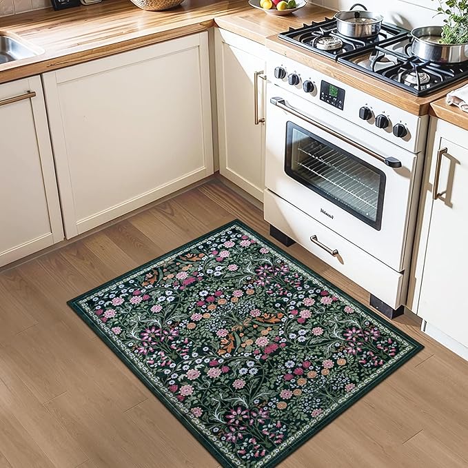 Entryway Rug 2X3 Small Rugs: Floral Washable Door Mat Vintage Soft Low Pile Non-Slip Kitchen Rugs Stain Resistant Indoor Throw Rug for Entrance, Bedroom, Kitchen, Laundry, Bathroom Dark Green