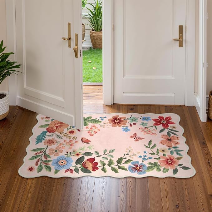 Lahome Floral Pink Rugs for Entryway, 2X3 Washable Kitchen Rug Non Slip