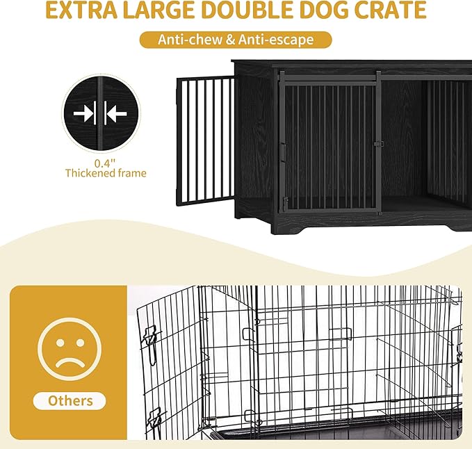78" Dog Crate Furniture for 2 Dogs, Double Dog Cage with Divider, Wooden Heavy Duty Dogs Kennel, Pet Cage with Barn Door, TV Stand for Large Small Medium Pet, Black DFC83704B