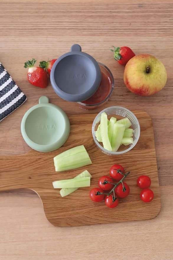 Beaba 2 Pack Glass Baby Food Jars, Freezer, Sterilizer, and Dishwasher Safe, 5 oz Baby Food Storage Jars with Silicone Air Tight Lid, Mineral/Sage