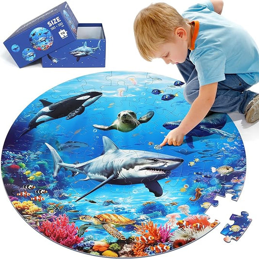 Underwater Ocean Floor Puzzle for Kids Ages 4-6, Shark Toys for Boys Girls, 70 Pieces Large Jigsaw Shark Puzzles for Kids Ages 3-8, Educational Ocean Animals Toys for Birthday Christmas