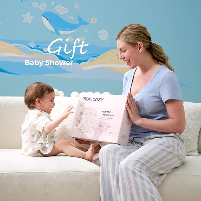 Momcozy Baby Play Mat for Floor, 50x50 Thickened Playpen Mat, Playmate for Baby Tummy Time, Waterproof & Non-Slip, Foldable Outdoor Mat with Carrying Handle, Ocean Theam