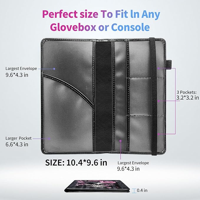 Car Registration and Insurance Holder,Leather Insurance License and Registration Card Holder for Car Glove Box, Auto Truck Document Holder Organizer for Men Women-Pink Black Rose Skull