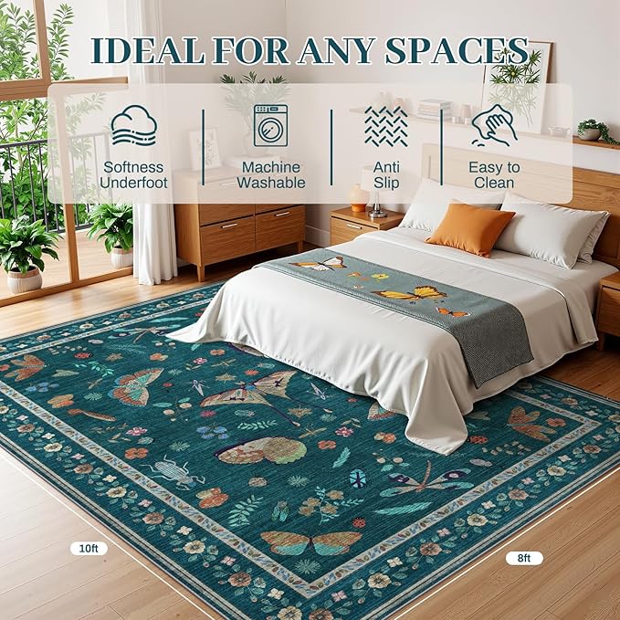 8x10 Area Rugs with Insect Print - Bug Rug Non-Shedding Stain Resistant Soft Carpet for Bedroom, Low Pile Ultra-Thin Machine Washable Carpet for Dining Room, Kids Nursery, Office (8'x10' Teal)