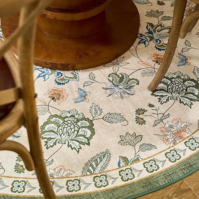 jinchan Floral Corner Rug for Kitchen Washable Nursery Rug Vintage Romance Design Non Slip Quarter Circle Lightweight Low-Pile Throw Carpet for Playroom Reading Nook Office, 5ft Radius, Green/Beige