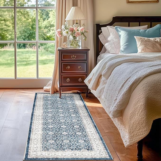 jinchan Runner Rug 2x7 - Machine Washable Dark Blue Vintage Floral Distressed Design Soft Non-Slip Low-Pile Ultra-Thin Runner Rug for Kitchen Hallway Laundry Room Entryway Farmhouse (2‘x7',Dark Blue)