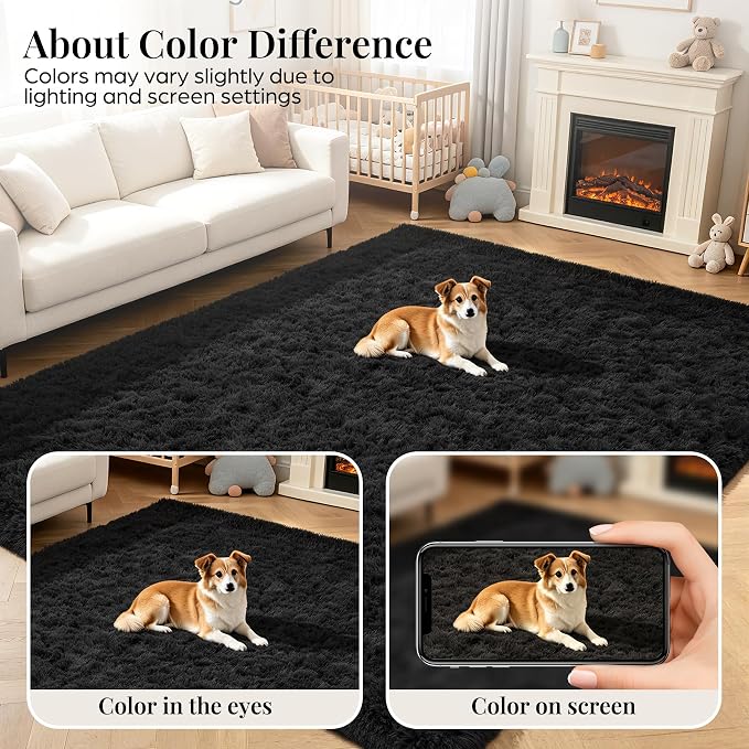 Area Rug for Living Room Bedroom: 6x9 Black Soft Fluffy Shag Upgrade Non-Slip
