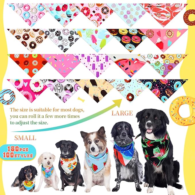 150 Pcs Donut Dog Bandanas Bulk Pet Bibs Colorful Triangle Scarf Donut Pet Bandanas for Medium Large Dogs Spring Summer Candy Theme Birthday Costume Decor