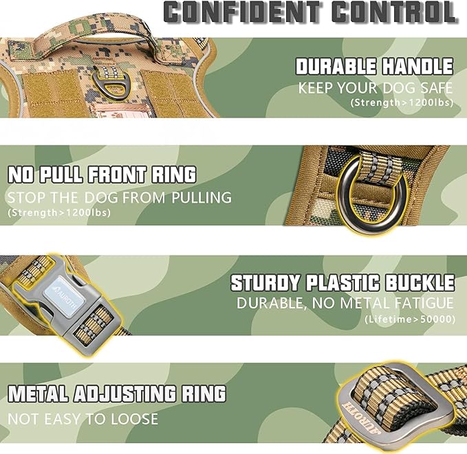 Auroth Tactical Dog Harness for Large Dogs No Pull Adjustable Pet Harness Reflective Working Training Easy Control Pet Vest Military Service Dog Harnesses Woodland Camo XL