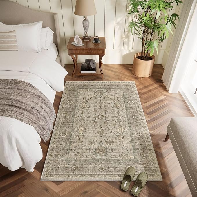 Washable 3x5 Entryway Rug Indoor, Boho Non-Slip Silicone Backing Small Rugs for Kitchen Nursery Office Bedroom, 0.3" Neutral Oriental Throw Carpet with 0.16" Cushioning Pad, Light Brown/Multi