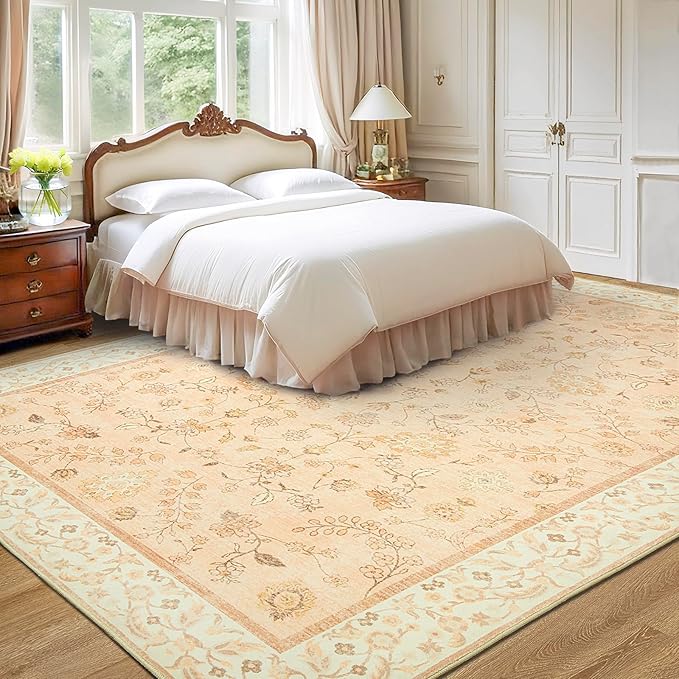 LOCHAS Washable Area Rugs 5x7, Peach Floral Rug for Living Room Bedroom Non Slip, Ultra Soft Vintage Indoor Carpet for Kids, Nursery, Dorm, Dining Room, Classroom, Boho Flower Home Decor, Low-Pile