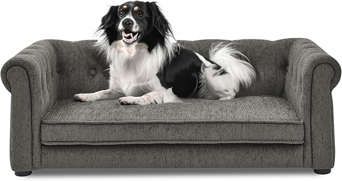38.9" Elevated Dog Sofa with Button‑Tufted Backrest & Rolled Armrests, Pet Couch Bed with Removable Soft Cushion, Comfortable Upholstery Raised Dog Bed with Thick Padding for Living Room,Bedroom