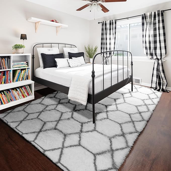 ONASAR Area Rugs for Living Room, Washable 5x8 Fluffy White and Grey Rug for Bedroom, Geometric Moroccan Indoor Shaggy Boho Soft Plush Floor Carpet for Kids Teen Nursery Dorm Home Decor Aesthetic