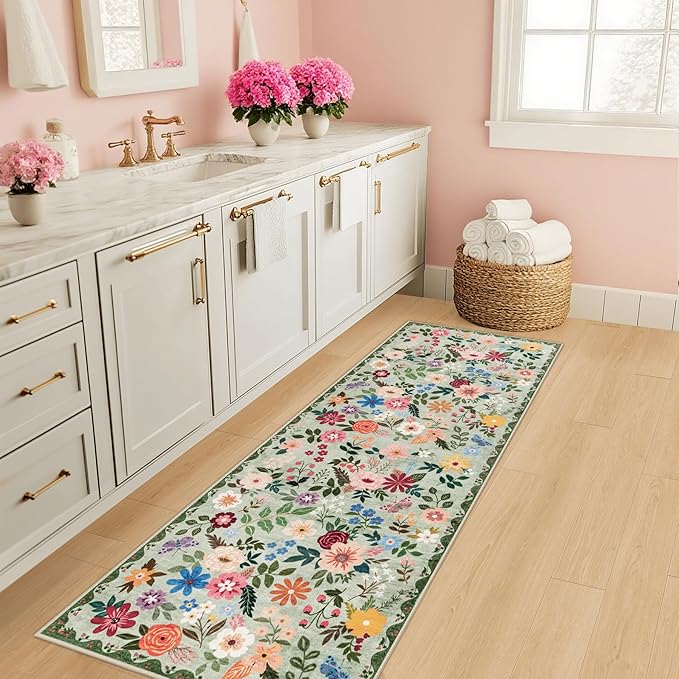 Runner Rug for Entryway: 2x10 Kitchen Rugs Non Slip Washable Ultra-Thin Soft Floral Carpet Indoor Floor Stain Resistant Carpets for Hallway Bedroom Kitchen Laundry Bathroom Dorm Green
