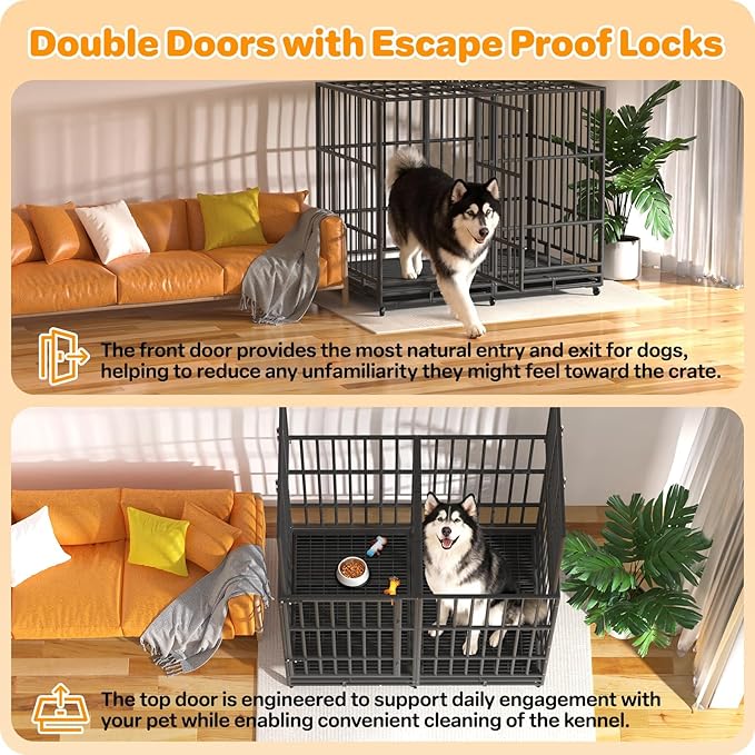 54 Inch Heavy Duty Dog Crate, Indestructible Escape-Proof Dog Kennel for High Anxiety Large Dogs, Strong Metal Pet Cage with Double Doors, Lockable Wheels & Removable Tray, XL XXL XXXL